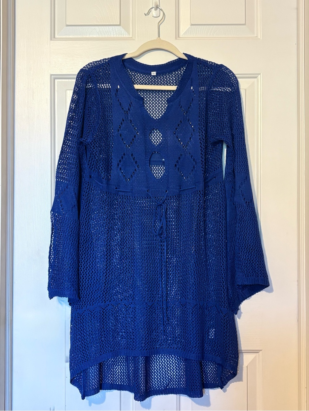 Women's Royal Blue Knit Swim Suit Coverup V-Neck Hi Low Bell Slit Sleeves Size L